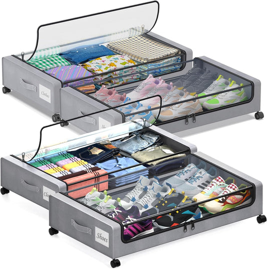 Under Bed Storage with Wheels, 4-Pack Under the Bed Storage Containers with Clear Lids & Label, Underbed Storage Bins, Rolling Metal Drawer for Clothes, Shoes, Toys, Books - Gray