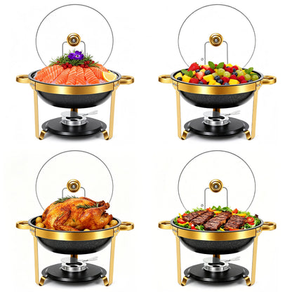 5.3QT Chafing Dishes for Buffet with Glass Lid , Maifanite-Coated Round Chafing Dish Set Mirror-Polished Stainless Steel, Complete Food Warmers for Catering Events & Home Parties(Black-4PK)