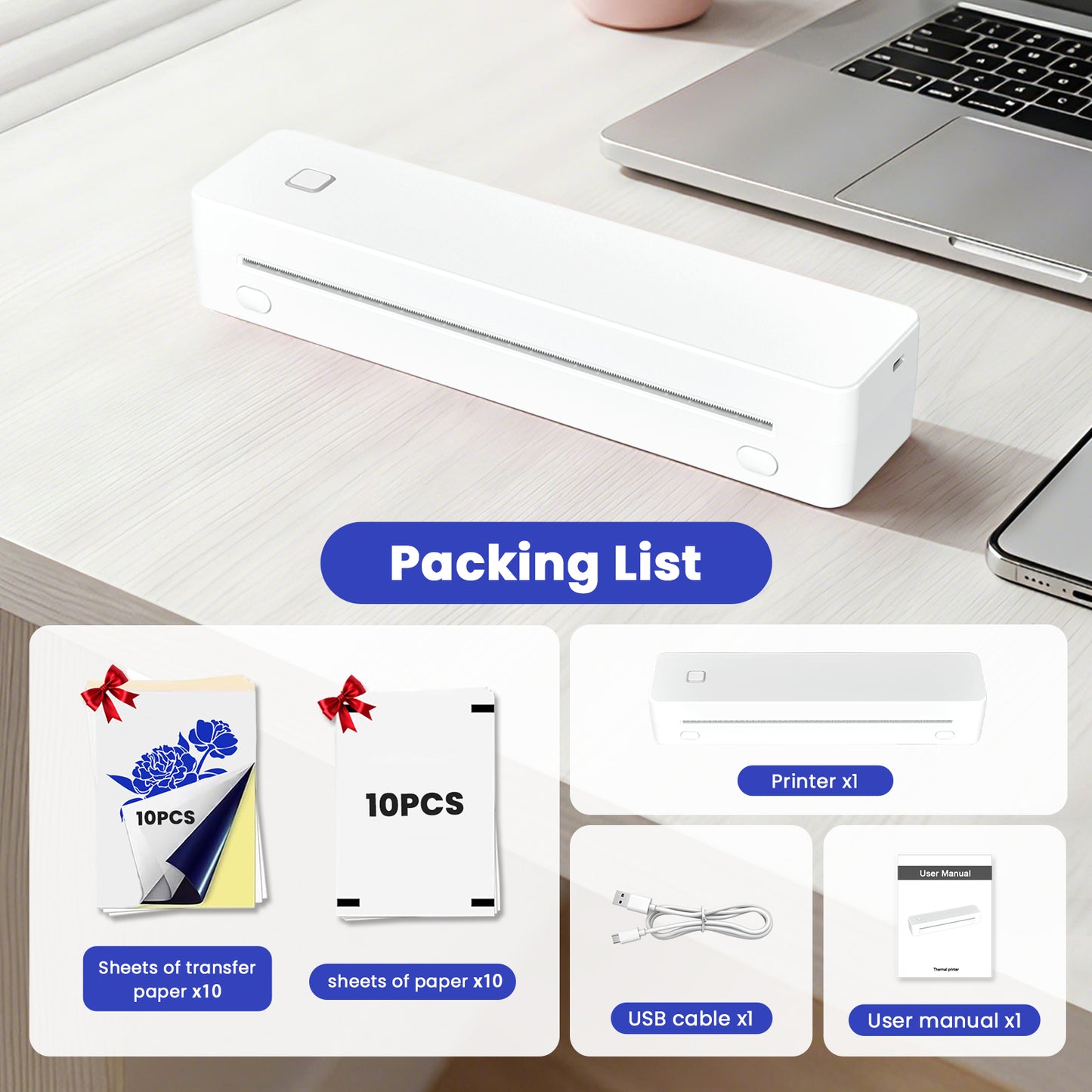 Thermal Printer, Portable Wireless Printer for Travel Inkless, Support US Letter/A4/A5/B5 Thermal Paper, Compatible with Android iOS Phone & Laptop