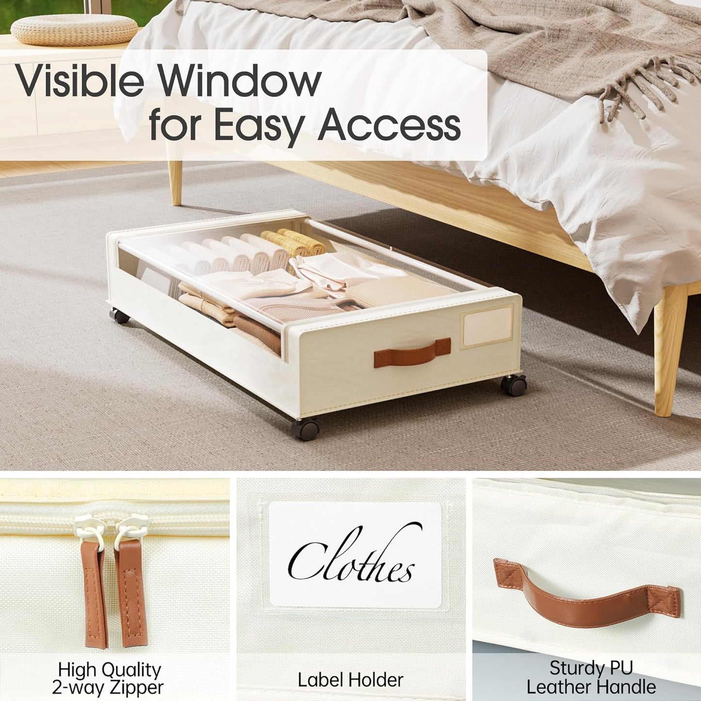 Under Bed Storage with Wheels: XXL Underbed Storage Containers with Lids - Rolling Bins for Shoes Clothes in Dorm Bedroom - Metal Drawers Easy Pull-out Beige 4-Pack