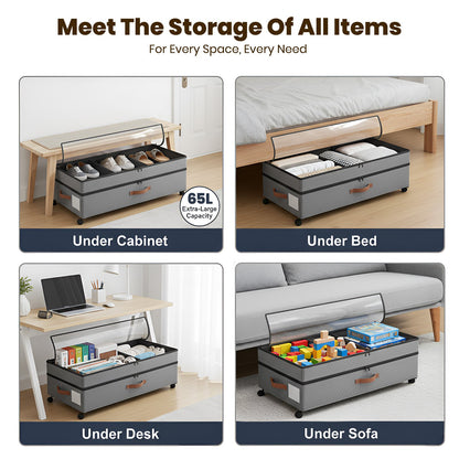 Under Bed Storage with Wheels 2-Pack, 65L XXL Under the Bed Storage Containers Large, 10" Tall Adjustable Storage for Underbed with Lids, Rolling for Shoes, Clothes, Blankets (Gray)