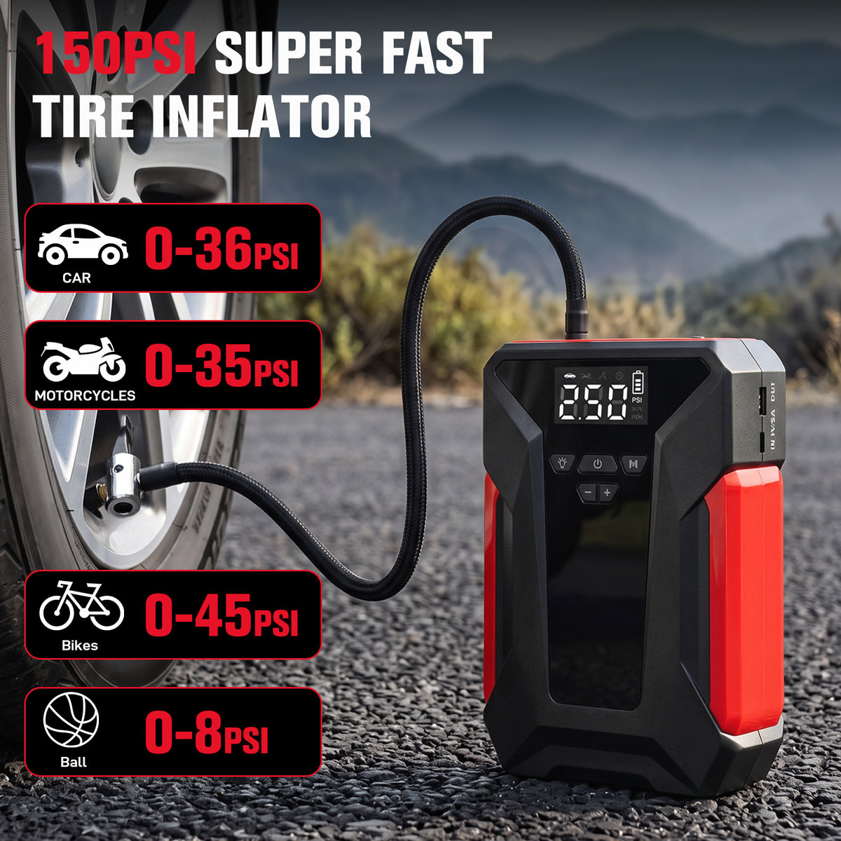 5 in 1 12V Car Jump Starter with Air Compressor, 1200A Peak Portable Jump Pack, 150PSI Digital Tire Inflator, 6000mAh Power Bank with LED Light for Cars Trucks SUVs