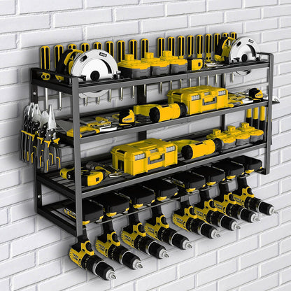 CATGOOD Power Tool Organizer, 8 Drill Holder Wall Mount, 4 Layer Heavy Duty Metal Tool Storage Rack, Battery Tools Holder Shelf,Utility Tool Shelves for Workshop or Garage, Black