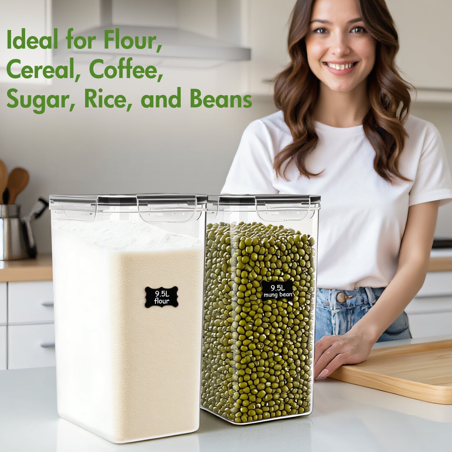 2-Pack 9.5L (321 oz) Clear Airtight Food Storage Canisters with Chalkboard Labels & Measuring Cups - Flour, Grain, Sugar, Rice, Pasta, Coffee Container with Lids