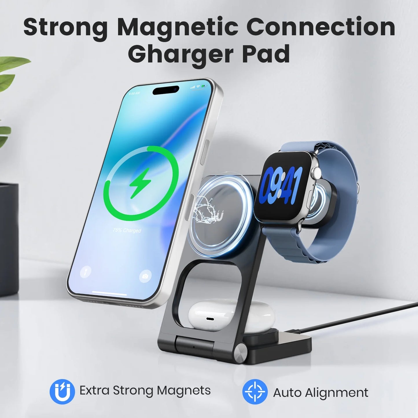 Magnetic Charging Station,3 in 1 Foldable Wireless Charger Compatible for iPhone 17/16/15/14/13/12 Plus Pro Max,Portable Charger Dock for iWatch & AirPods,Black