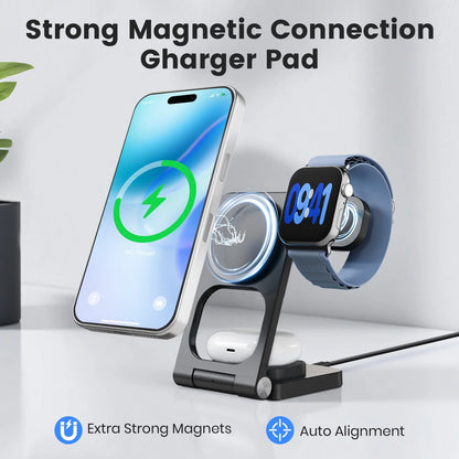 Magnetic Charging Station,3 in 1 Foldable Wireless Charger Compatible for iPhone 17/16/15/14/13/12 Plus Pro Max,Portable Charger Dock for iWatch & AirPods,Black