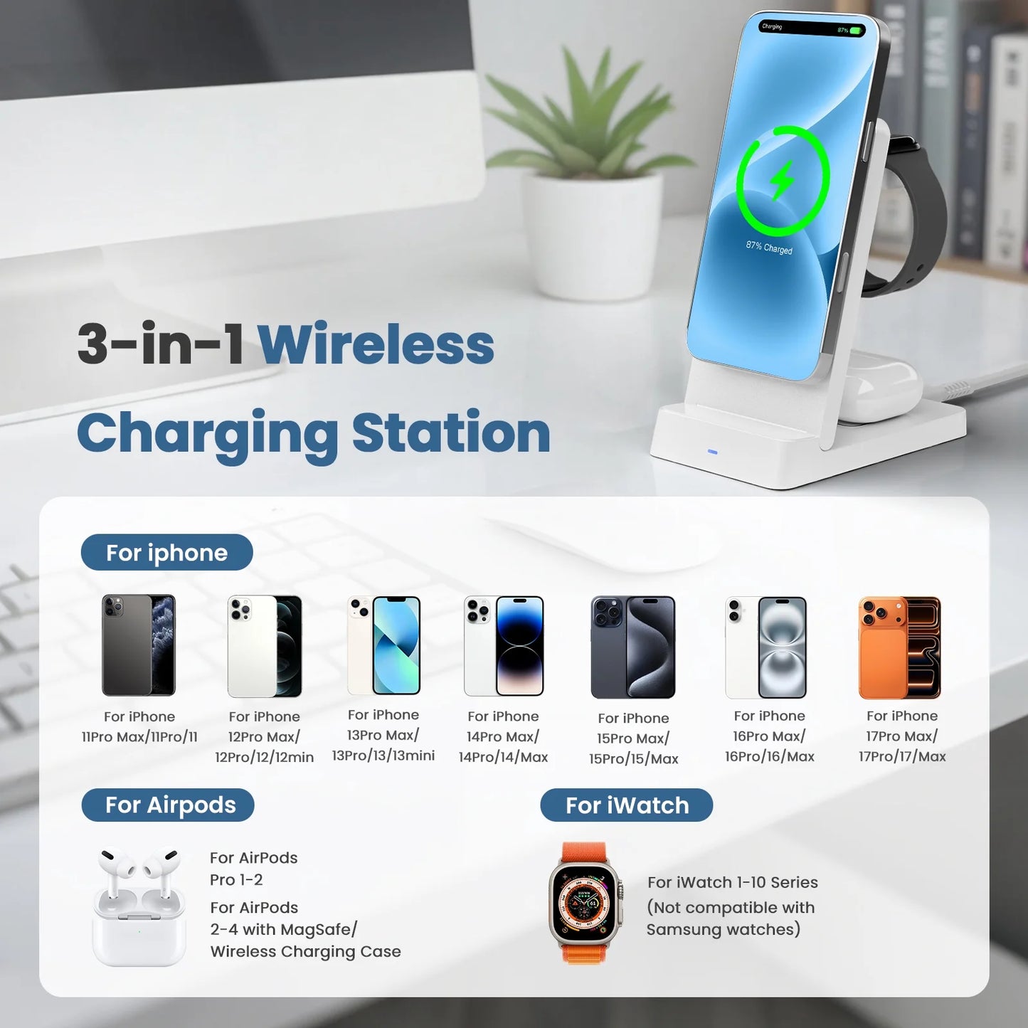 Magnetic Wireless Charger,3 in 1 Portable Charger Charging Station Compatible for iPhone 17 16e 16 15 14 13 12 11 X Pro Max & iWatch-Wireless Charging Dock for AirPods 4 3 Pro,White