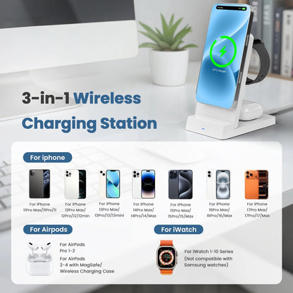 Magnetic Wireless Charger,3 in 1 Portable Charger Charging Station Compatible for iPhone 17 16e 16 15 14 13 12 11 X Pro Max & iWatch-Wireless Charging Dock for AirPods 4 3 Pro,White