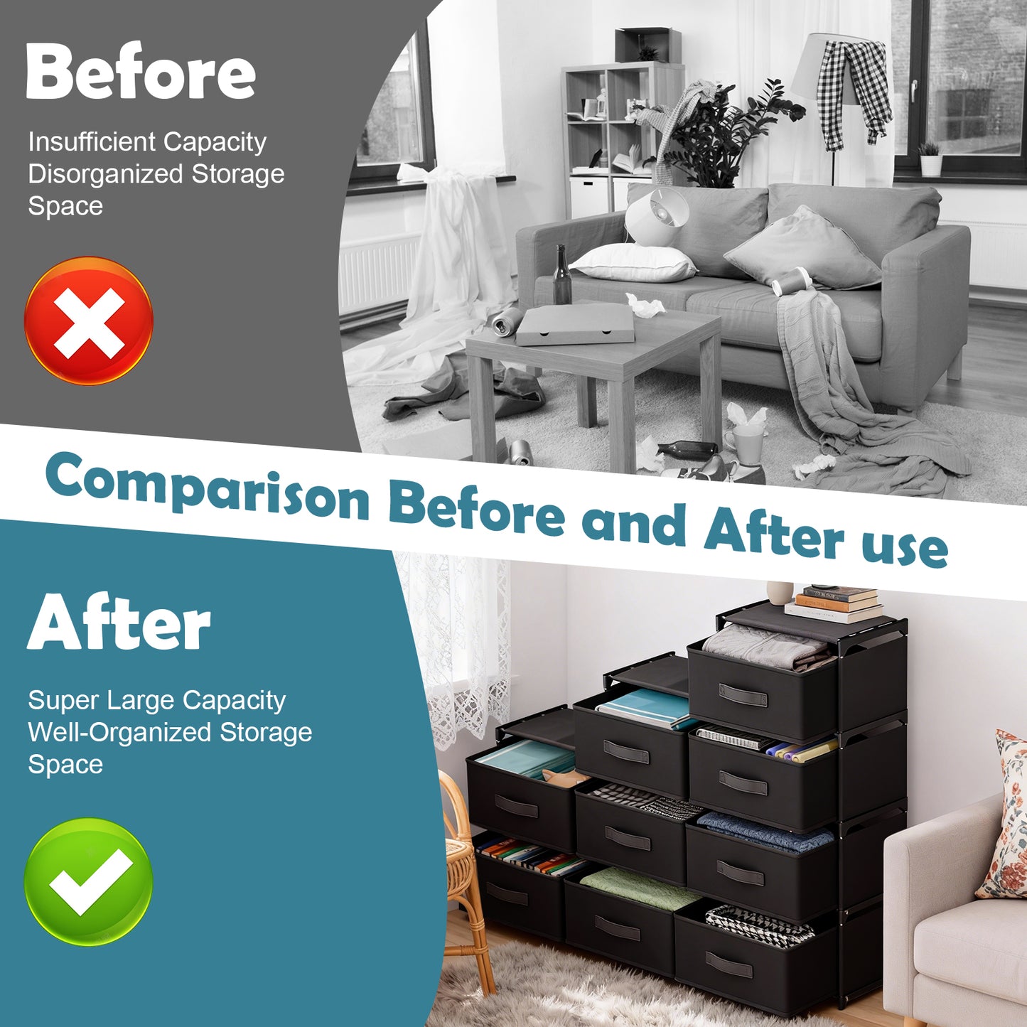 BAOKALER Non-Woven Fabric Multi-Functional Storage Cabinet, 9-Drawer Open Storage Shelf, 10.24×47.24×34.65 Inches, for Bedroom, Living Room, Hallway, Black