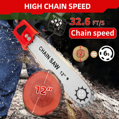 BAOKALER 12" Cordless Chainsaw, 950W Brushless Motor Battery Chain Saw with 2PCS 21V Rechargeable 3.0Ah Battery and Charger for Wood Cutting