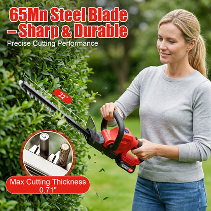 22" Cordless Hedge Trimmer with 180～ Rotatable Head, 21V Electric Bush Trimmer with 2 x 2000mAh Batteries, 1000W 24000r/min Motor, 69Mn Steel Blade for Garden Yard, Red