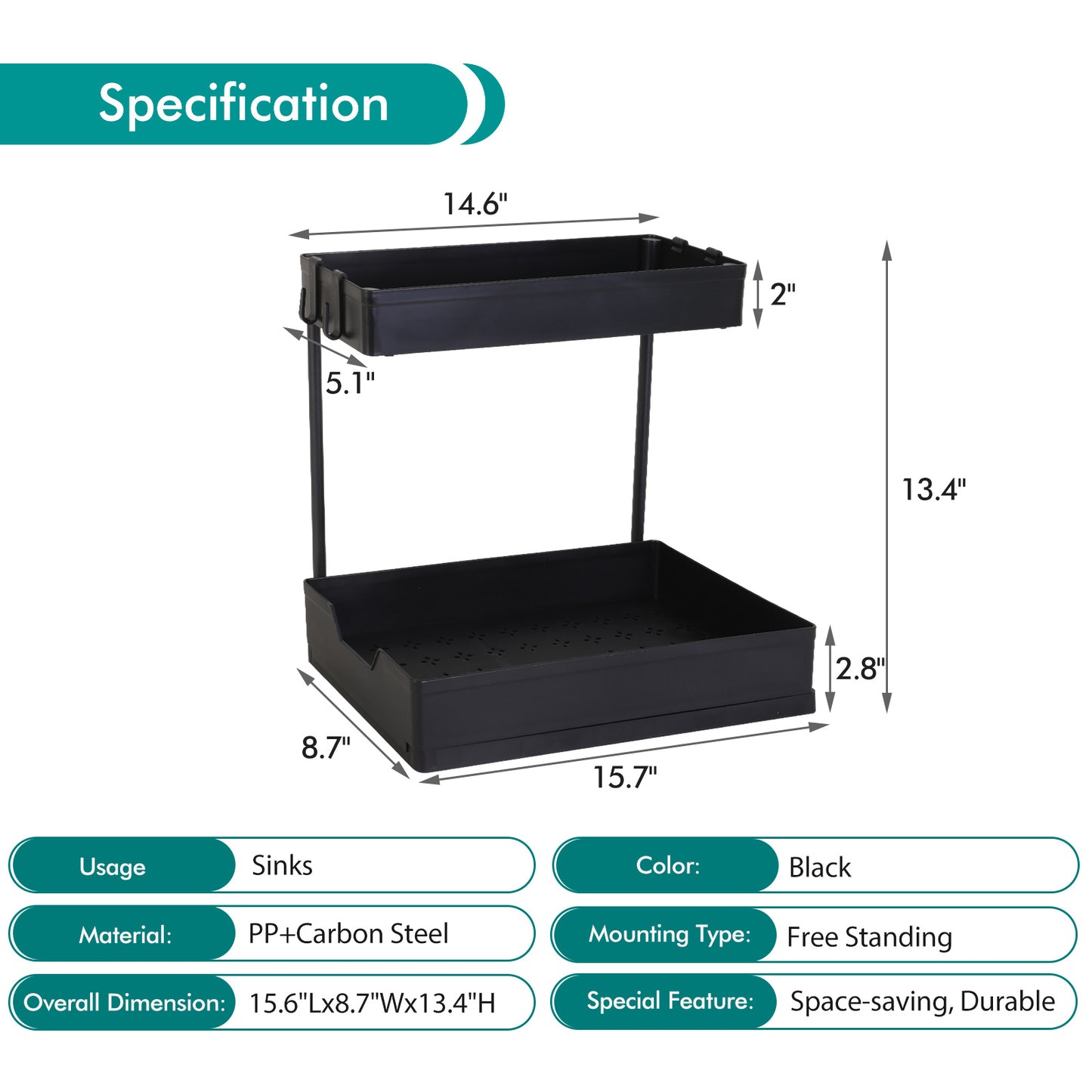 2-Tier Under Sink Organizers and Storage 2 Pack Sliding L-shape Under Bathroom Kitchen Cabinet Organizers Narrow Space Storage Multi-purpose for Bathroom Kitchen Drawer Black