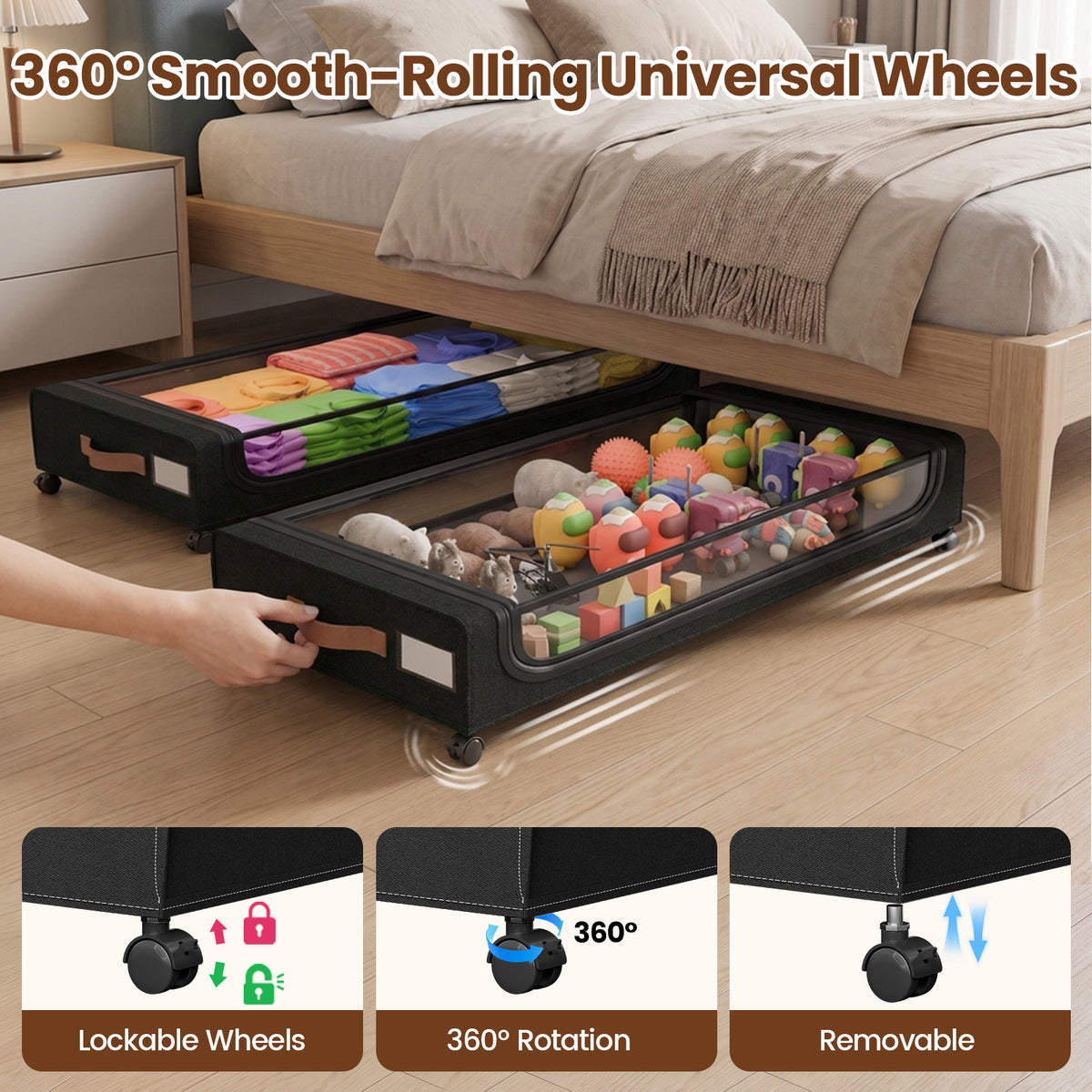 85L Under Bed Storage with Wheels, 2-Pack XXL Underbed Storage Containers with Clear Lid, Rolling Organizer Bins for Clothes, Shoes, Blankets (Black)