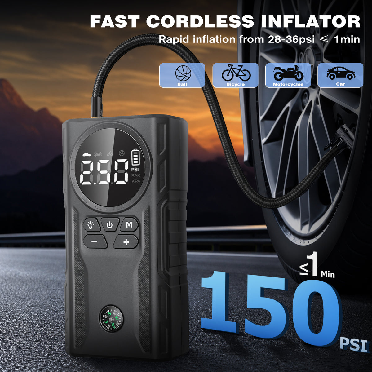 800A Peak Car Battery Jump Starter with Tire Inflator, Portable 6?in?1 Jump Starter with Dual USB Ports & 12V DC Output, 12V Jump Pack with 300?Lumen Tri?Mode SOS LED Light, Black