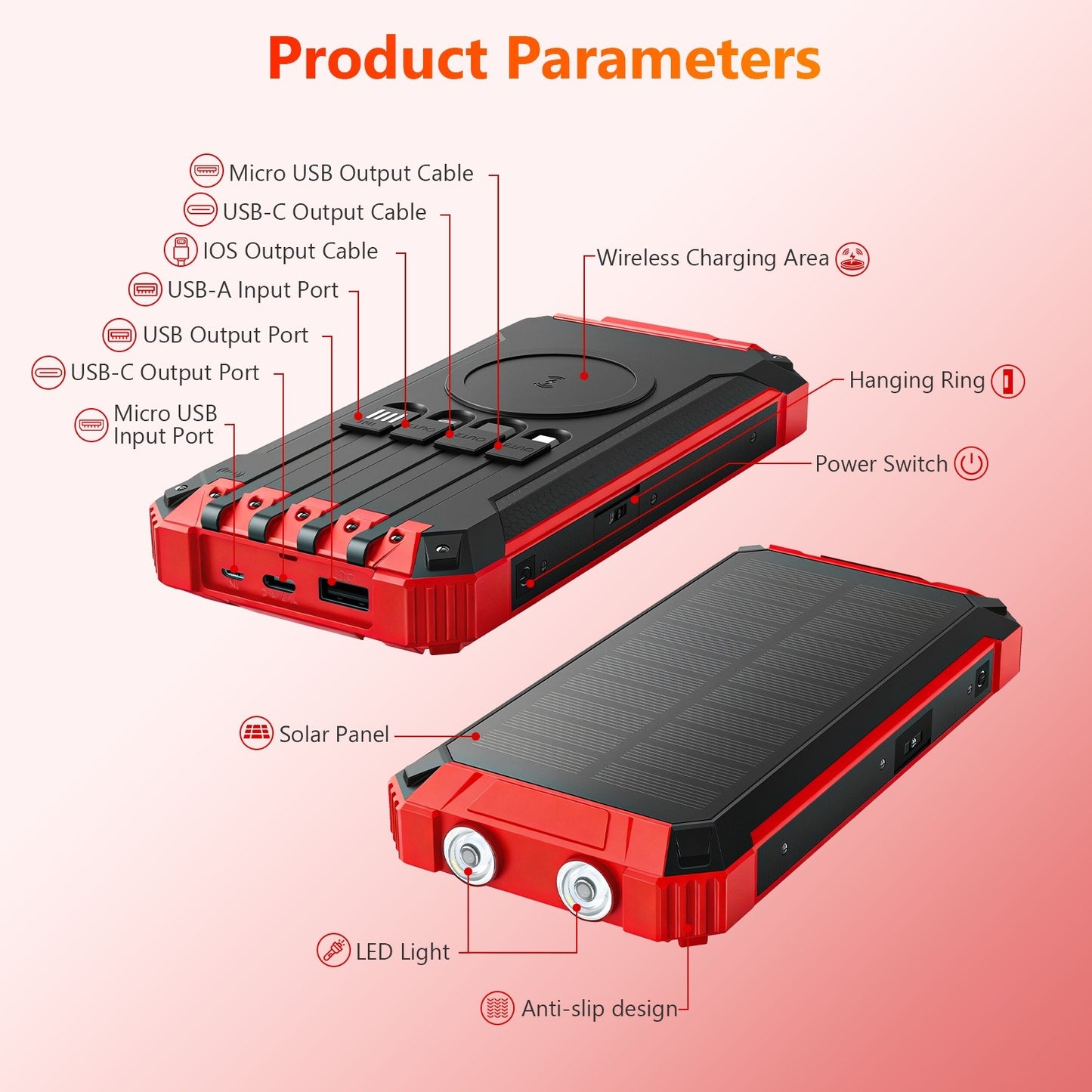 Power Bank Wireless Charger 46800mAh Built in 4 Cables Six Outputs 15W Fast Charging Power Bank for All Mobile Devices Three Inputs Solar Portable Charger with Dual Flashlights, Carabiner(Red)