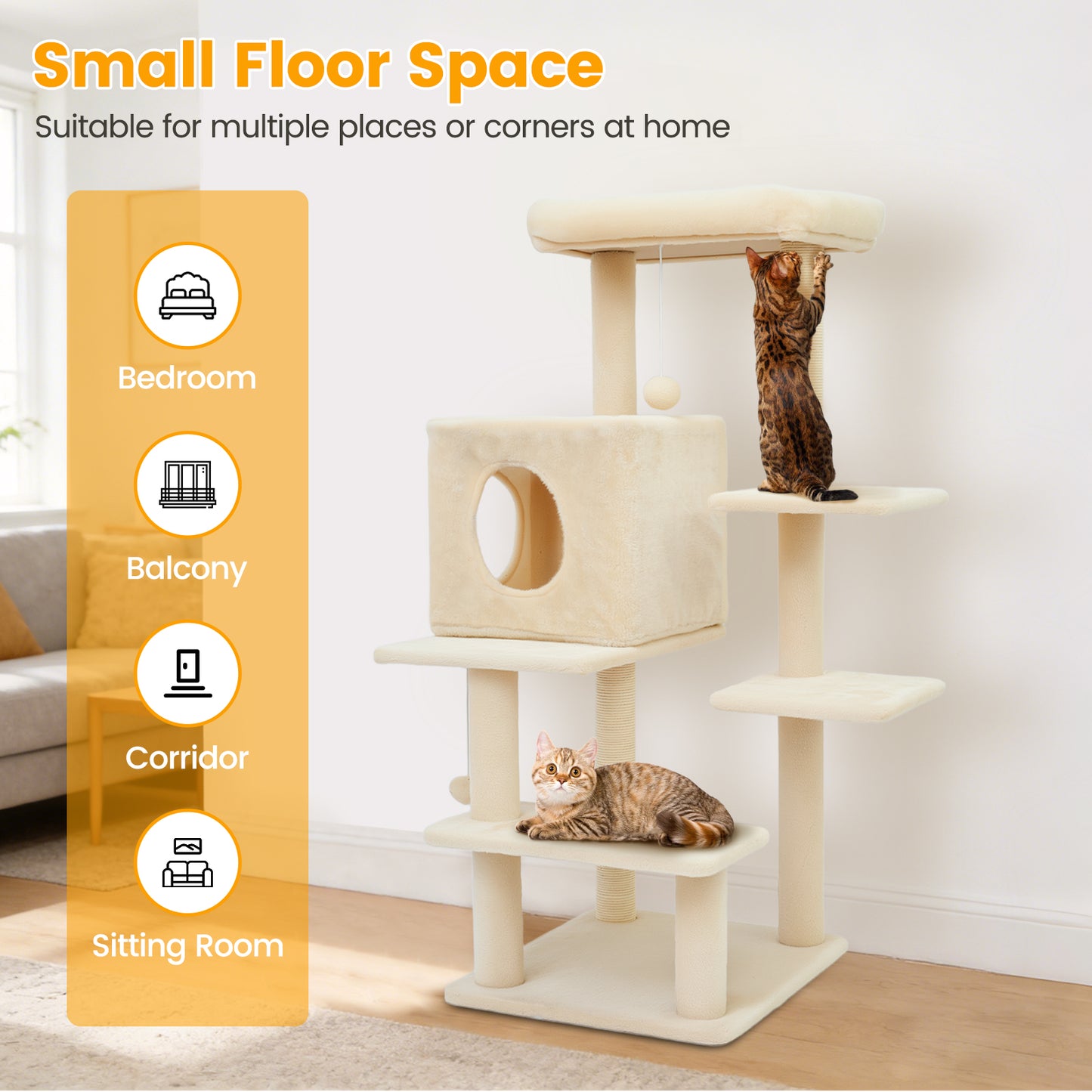 Sturdy 40-inch Cat Tree Tower with Cat Cave & Ramp Steps - Multi-Level Play & Sleep Center for Large Indoor Cats, Beige