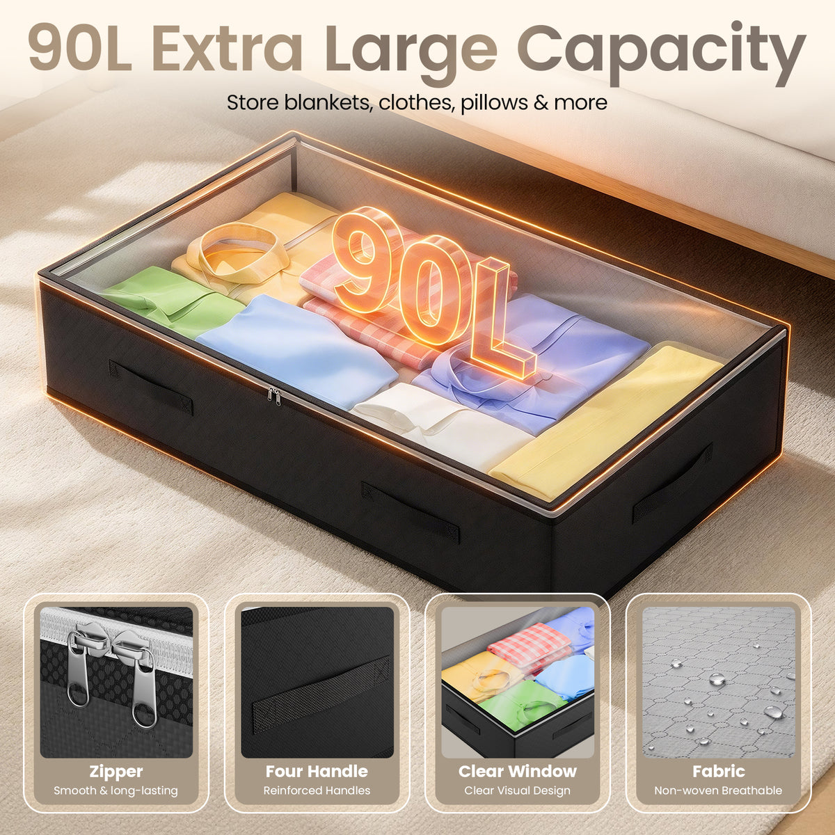 90L Under Bed Storage Containers, Foldable Underbed Storage Bags with Clear Window & Reinforced Handles for Blankets, Clothes, Gray 6PK