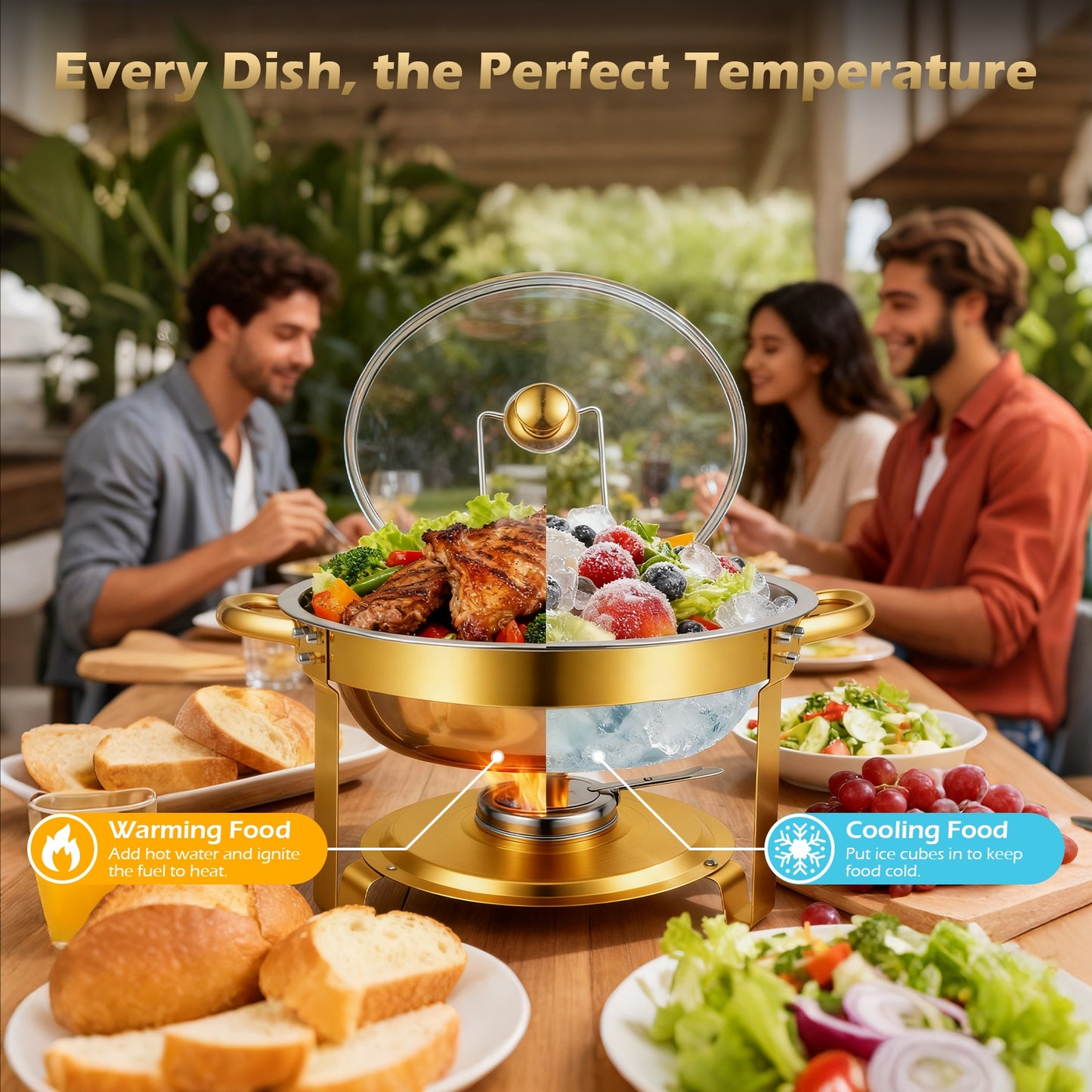 Chafing Dishes for Buffet, 1 Pack 5QT Round Semi-Gold-Plated Stainless Steel Buffet Server, Warmers with All-Gold Serving Tongs, Food Warmers for Parties Buffet, Events & Weddings