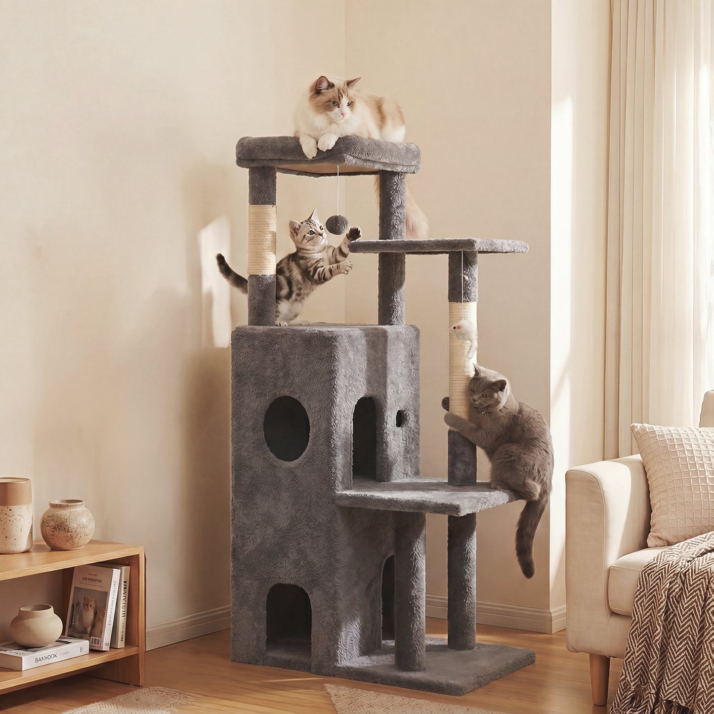 50-inch Cat Tree for Large Cats - Tall Cat Tree Tower with Sisal Scratching Posts & Dangling Toys for Indoor Cats , Dark Gray