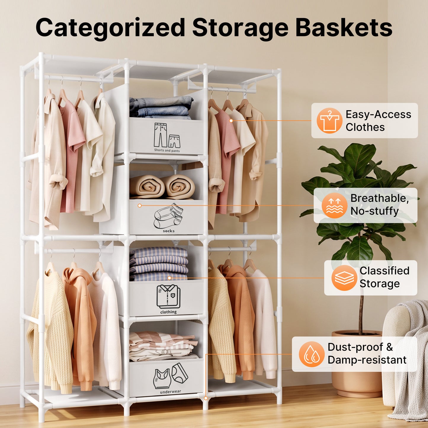 Portable Closet, Wardrobe Closet for Hanging Clothes with 4 Storage Drawers, Freestanding Closet Organizers and Storage for Bedroom, White