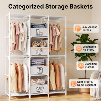 Portable Closet, Wardrobe Closet for Hanging Clothes with 4 Storage Drawers, Freestanding Closet Organizers and Storage for Bedroom, White