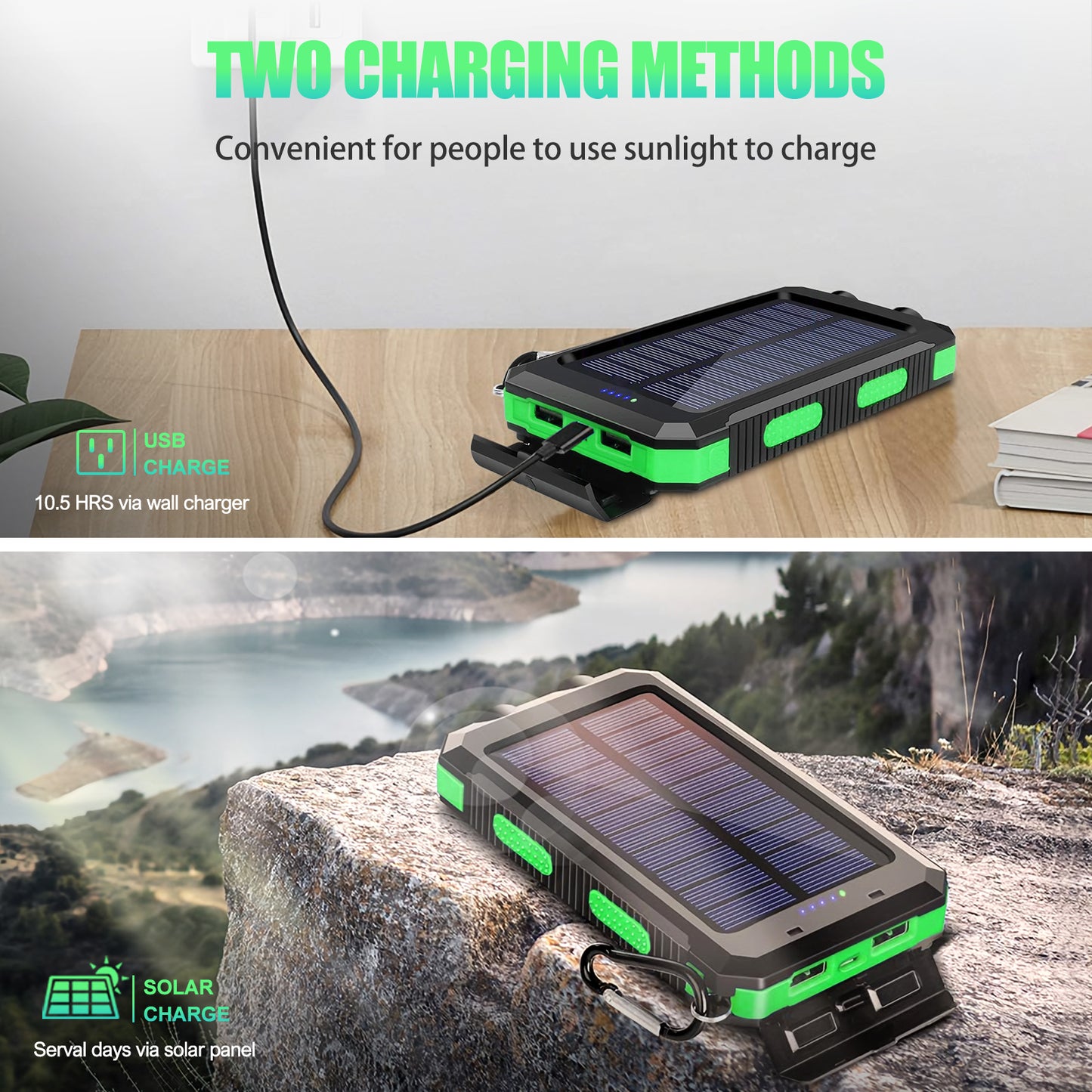 CATGOOD 10000mAh Portable Solar Charger for iphone and Android Power Bank with Dual 5V USB Ports for Outdoor Camping Hiking(Green)