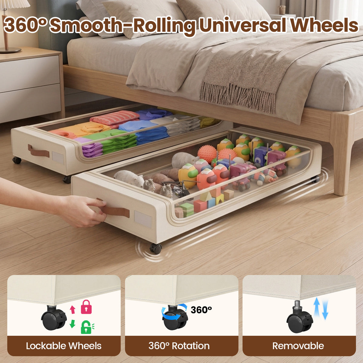 XXL Underbed Storage with Wheels, 2-Pack 85L Large Under Bed Storage Containers with Clear Lid, Rolling Under Bed Storage for Clothes, Shoes, Blankets (Beige)