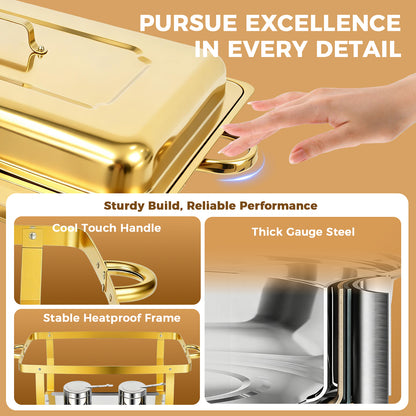 Gold Chafing Dishes 6 Pack, 9QT Rectangular Chafing Dish Buffet Set, Chafing Dishes for Buffet with Foldable Frame, Chafers and Buffet Warmers Sets for Catering Events, Parties, Weddings