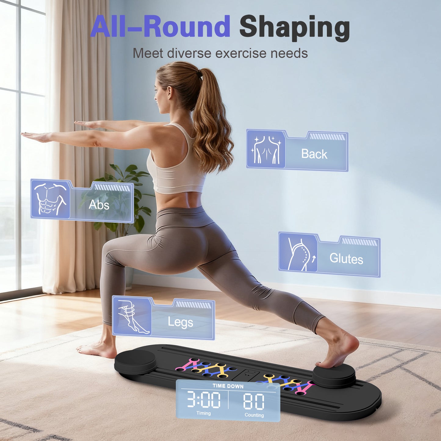 ALSO GO Pilates Board, Multifunctional Abdominal Board, Portable Pilates Machine with LED for Home, Sliding Workout Equipment with Knee Protected, Black