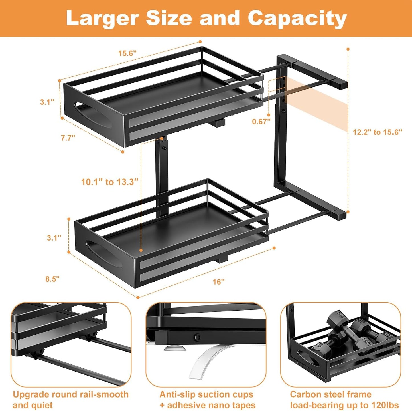 2 PACK Under Sink Organizer, Pull Out Kitchen Cabinet Organizer, 2 Tier Slide Out Steel Under Sink Storage Shelf for Kitchen Pantry Bathroom, Black