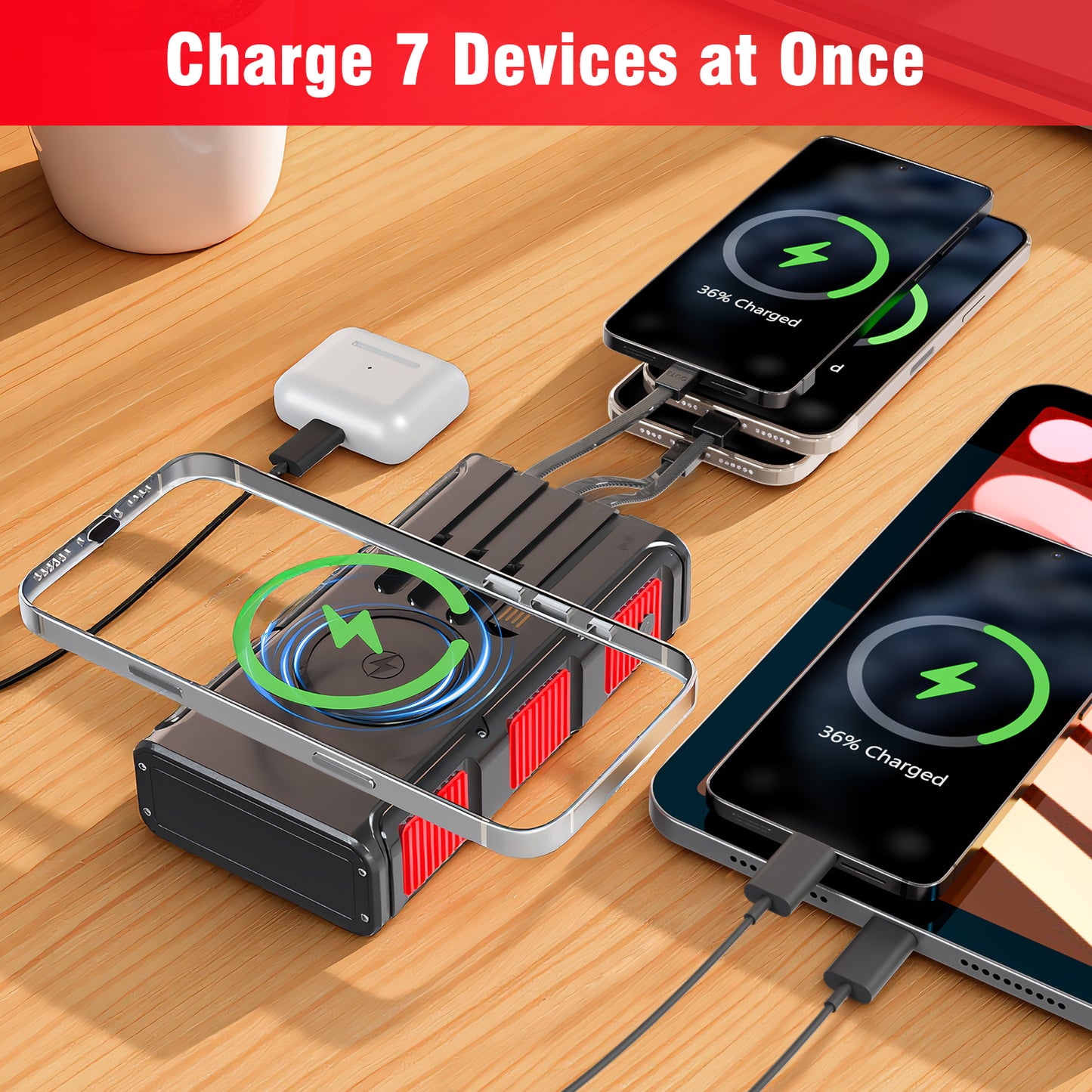 Power Bank Wireless Charger 68800mAh Built in Hand Crank and 4 Cables 15W Fast Charging Power Bank 7 Outputs & 4 Inputs Solar Portable Charger, SOS/Strobe/Strong Flashlights, Compass(Red)