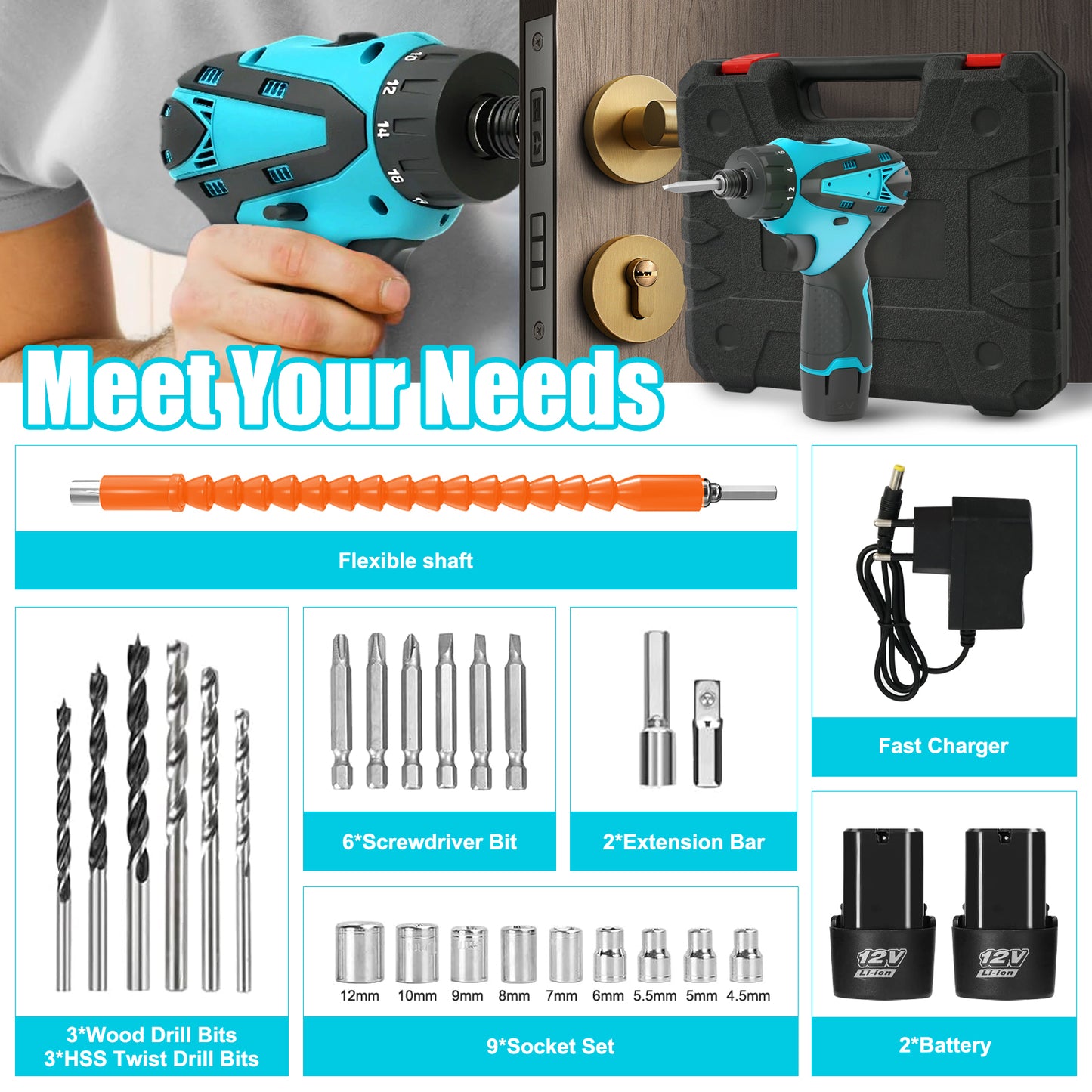 BAOKALER 12V 1/4-Inch Cordless Impact Driver, Brushless Screwdriver with 2 x 2.0Ah Lithium-Ion Batteries and Charger, LED Work Light