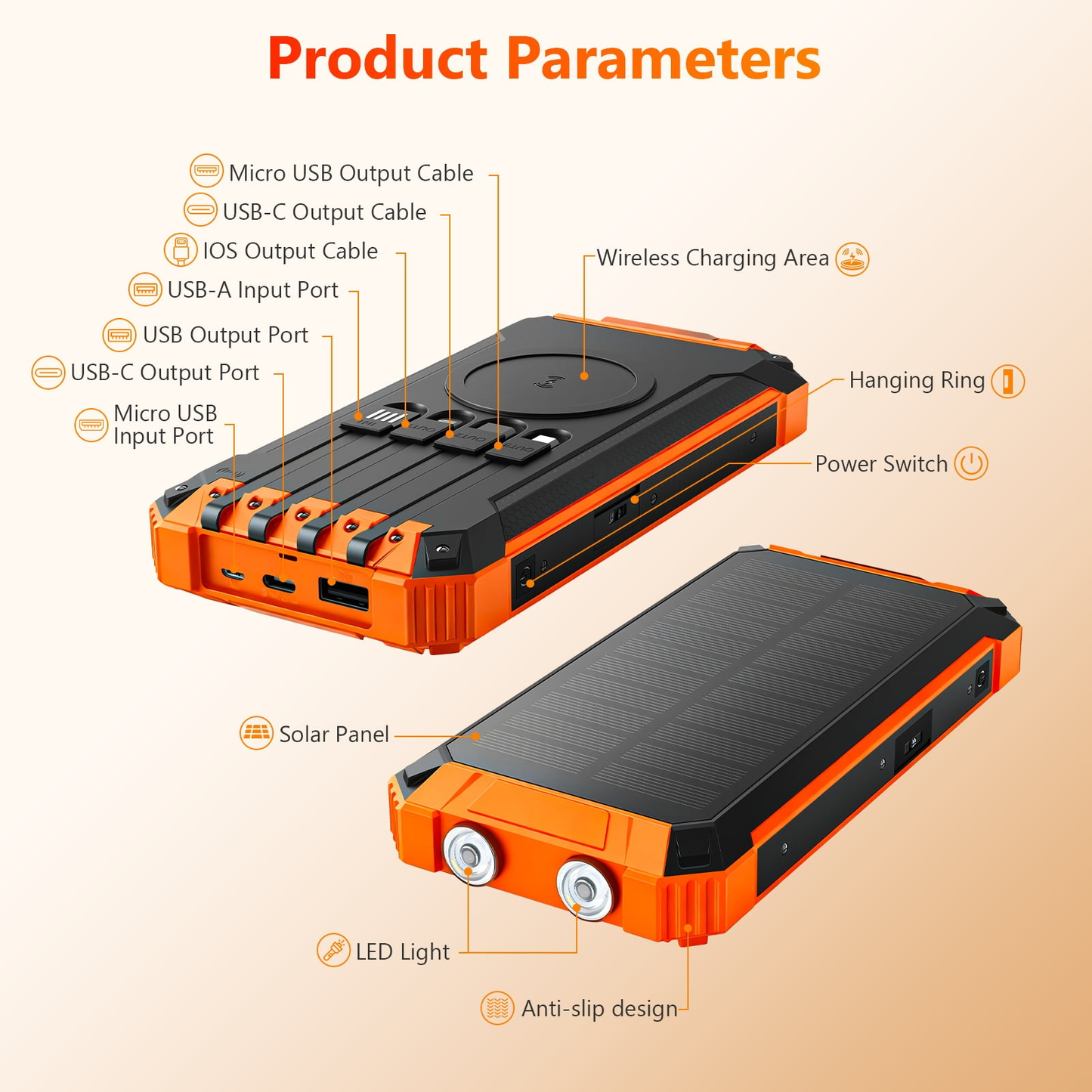 CATGOOD 46800mAh Solar Power Bank, 22.5W Fast Charging Portable Charger with 4 Built-in Cables & 10W Wireless Charging, Travel Battery Pack with Camping Flashlight(Orange)