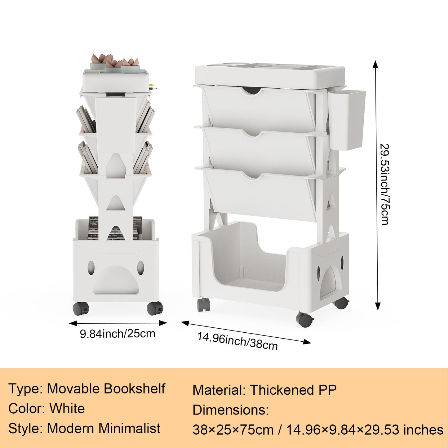 CATGOOD Movable Book Rack with Pen Holder, 5-Tier Storage Bookcase Organizer Mobile Bookshelf Cart with Wheels, Mobile Utility Cart Storage, for Living Room Classroom Office, White