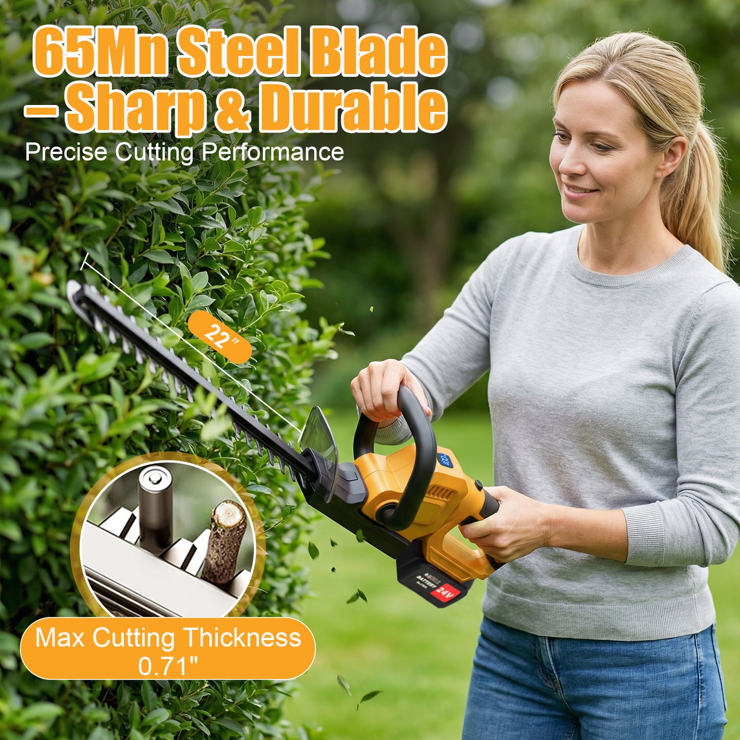22" Cordless Hedge Trimmer with 180～ Rotatable Head, 21V Electric Bush Trimmer with 2 x 4000mAh Batteries, 1000W 24000r/min Motor, 67Mn Steel Blade for Garden Yard, Yellow