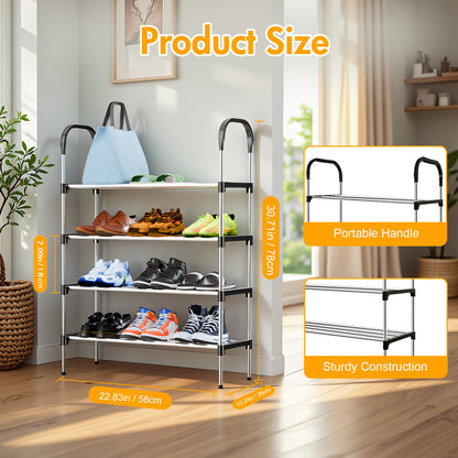 4-Tier Shoe Rack Organizer, Metal Shoe Storage Stand for Entryway, Hallways, Bedrooms, Bathrooms, Offices, and Living Rooms, Silver and Black