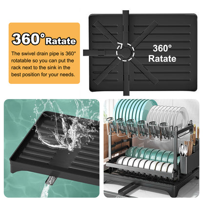 Over The Sink Dish Drying Rack with Drainage, Stainless Steel Large Multifunctional Dish Racks, Rustproof Dish Rack for Kitchen Counter Organization 2 Tier Black