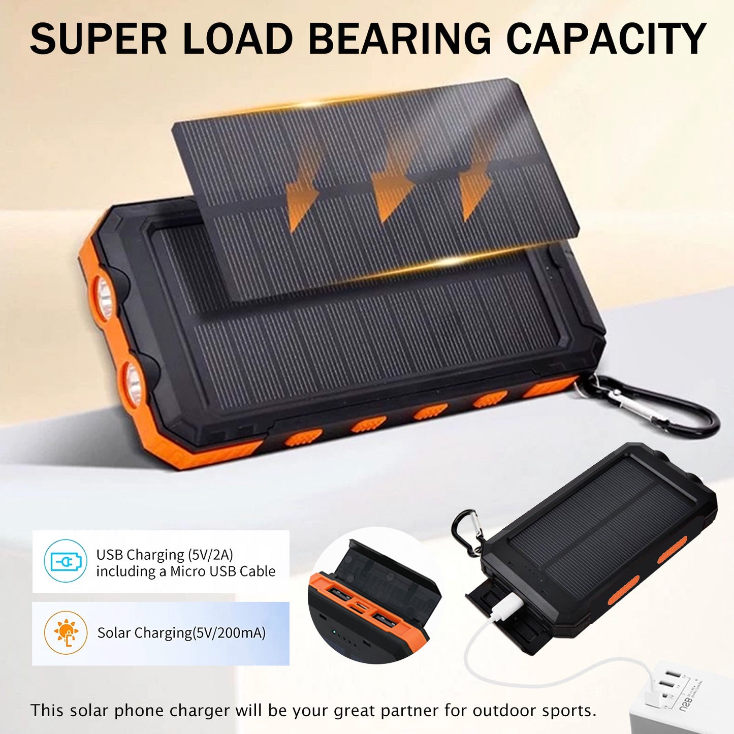 20000mAh Solar Charger for Cell Phone iPhone, Portable Solar Power Bank with Dual 5V USB Ports, 2 LED Light Flashlight, Compass Battery Pack for Outdoor Camping Hiking