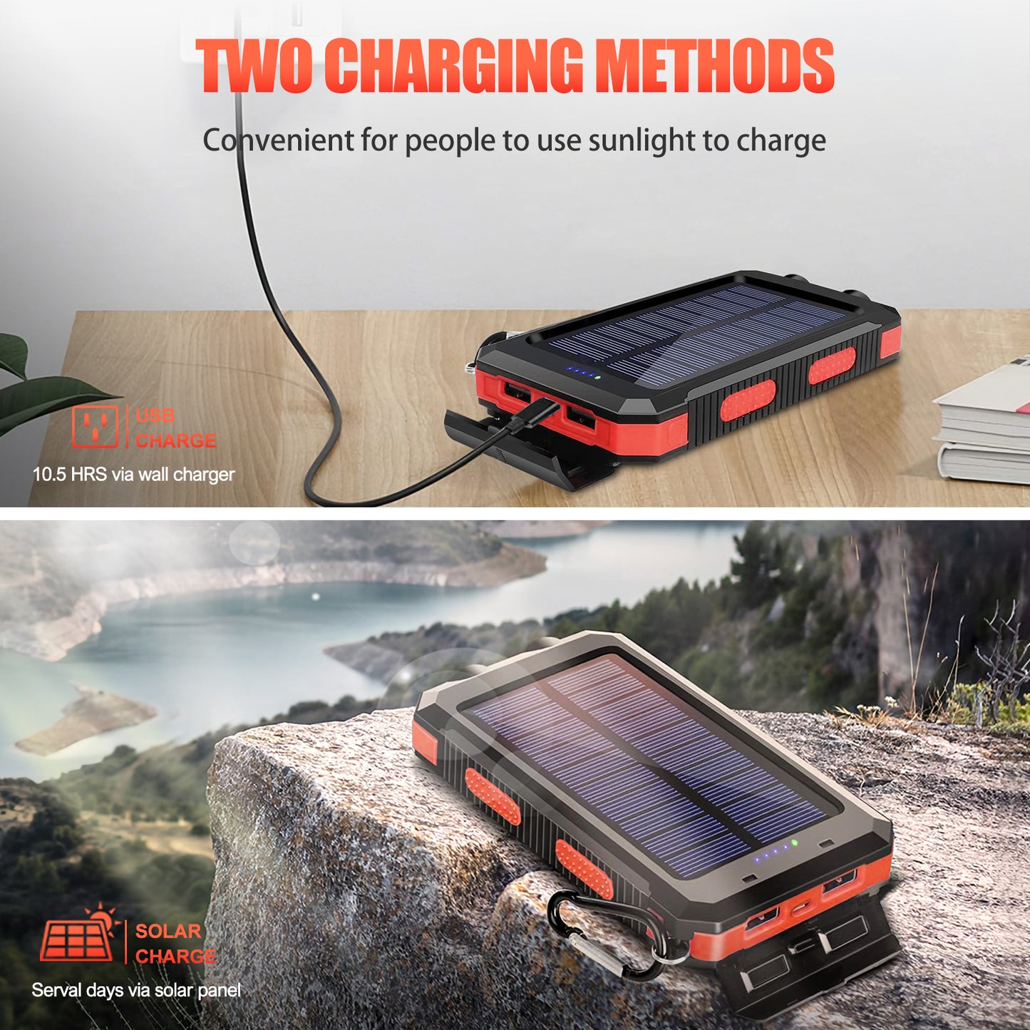 CATGOOD 10000mAh Portable Solar Charger for iphone and Android Power Bank with Dual 5V USB Ports for Outdoor Camping Hiking(Red)