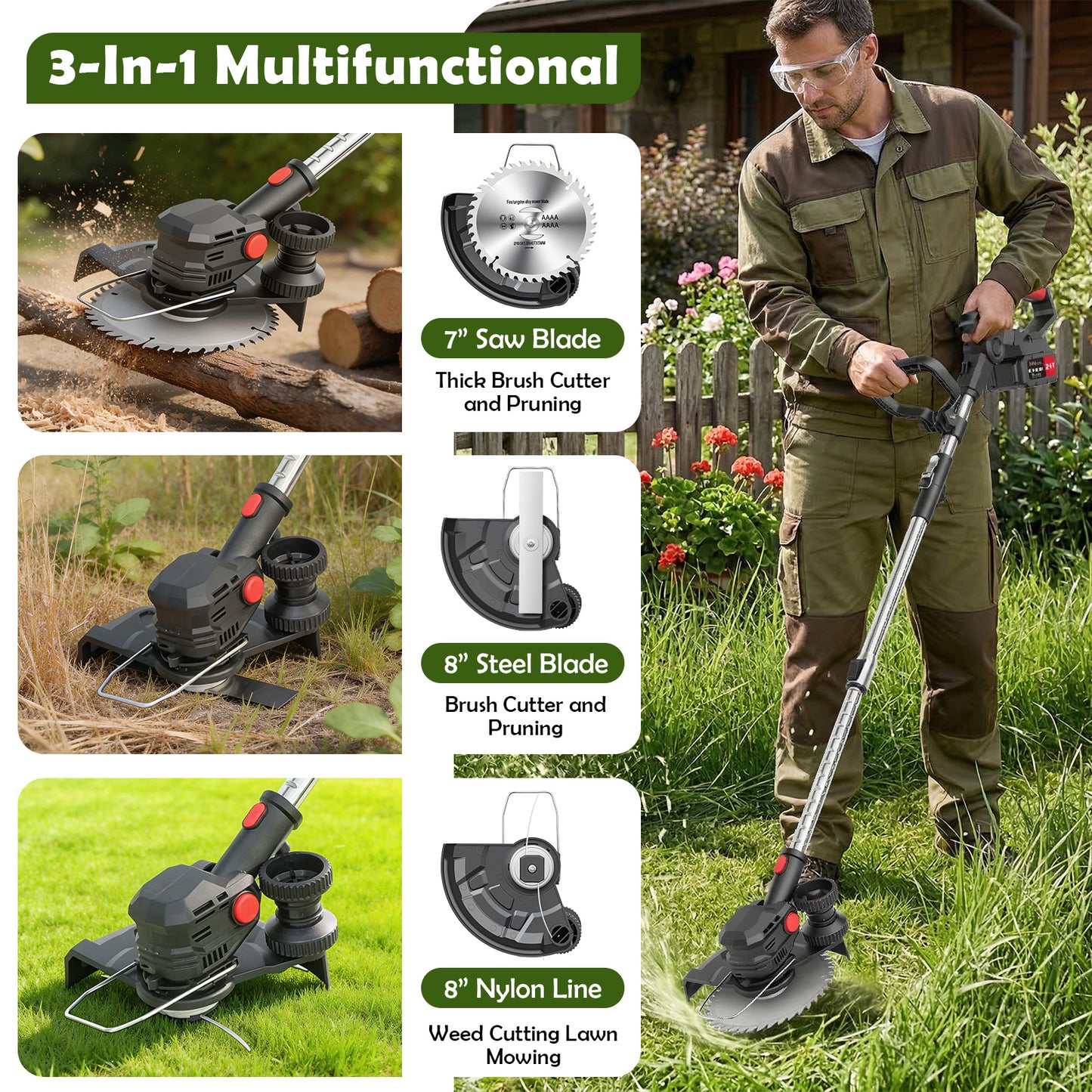 Electric Cordless Weed Eater, 4.0Ah Cordless Weed Wacker String Trimmer, 24V Grass Trimmer with 2 Battery, Charger Included