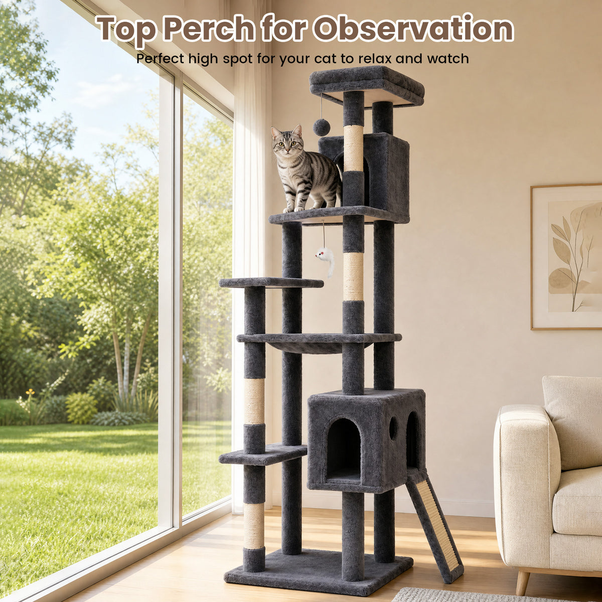 70" Cat Tree Tower, Heavy Duty Cat Tower for Multiple Adult Cats, Multi-Level Tall Cat Tree with 2 Condos, Hammock and Scratching Post for Indoor Kitties, Dark Grey