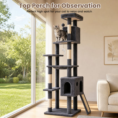 70" Cat Tree Tower, Heavy Duty Cat Tower for Multiple Adult Cats, Multi-Level Tall Cat Tree with 2 Condos, Hammock and Scratching Post for Indoor Kitties, Dark Grey