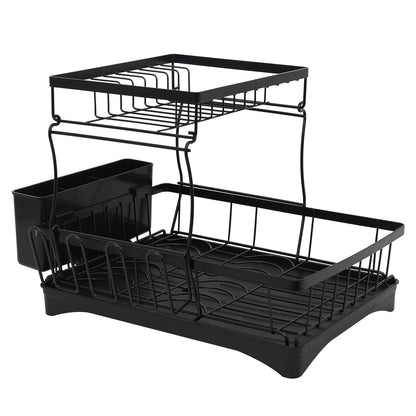 Dish Drying Rack for Countertop, Rustproof Space-Saving & Multipurpose 2-Tier Dish Rack for Kitchen Counter with Utensil Holder, Large Capacity, Black
