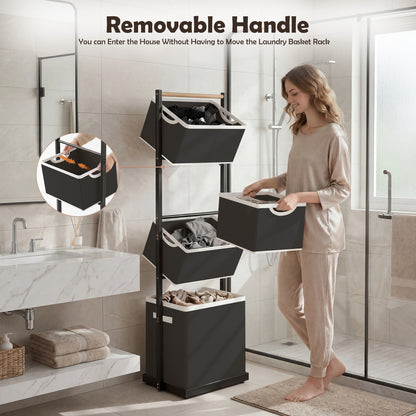 Laundry Hamper, Laundry Basket, 4 Tier Laundry Sorter, Metal Stackable Laundry Basket Organizer with Removable Basket and Removable Bags, 59"x12.6"x15.7" Clothes Organizer Basket, Black