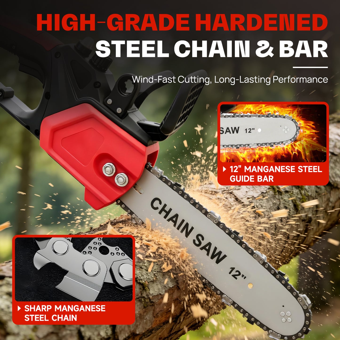 BAOKALER 12" 1800W Cordless Chainsaw, Handheld Electric ChainSaws with 2 x 2.0Ah Batteries & Fast Charger, 3 Chains & 2 Guide Bars, for Wood Cutting, Tree Pruning and Trimming, Red