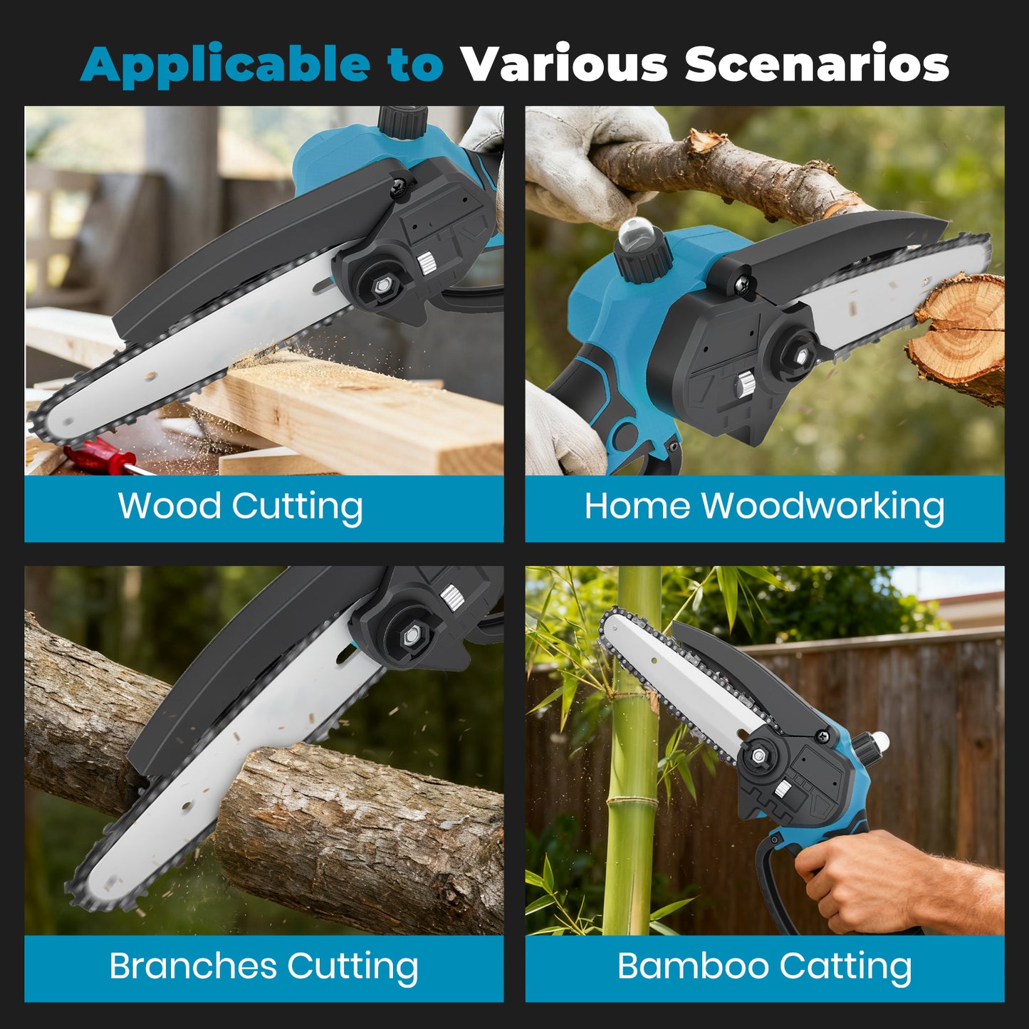 Mini Chainsaw Cordless, 6 inch & 4 inch Portable Electric Chainsaw with 2 Rechargeable Batteries and 3 Chains, for Tree Trimming Wood Cutting, Best Gifts for Father, Dad, Husband, Men, Blue