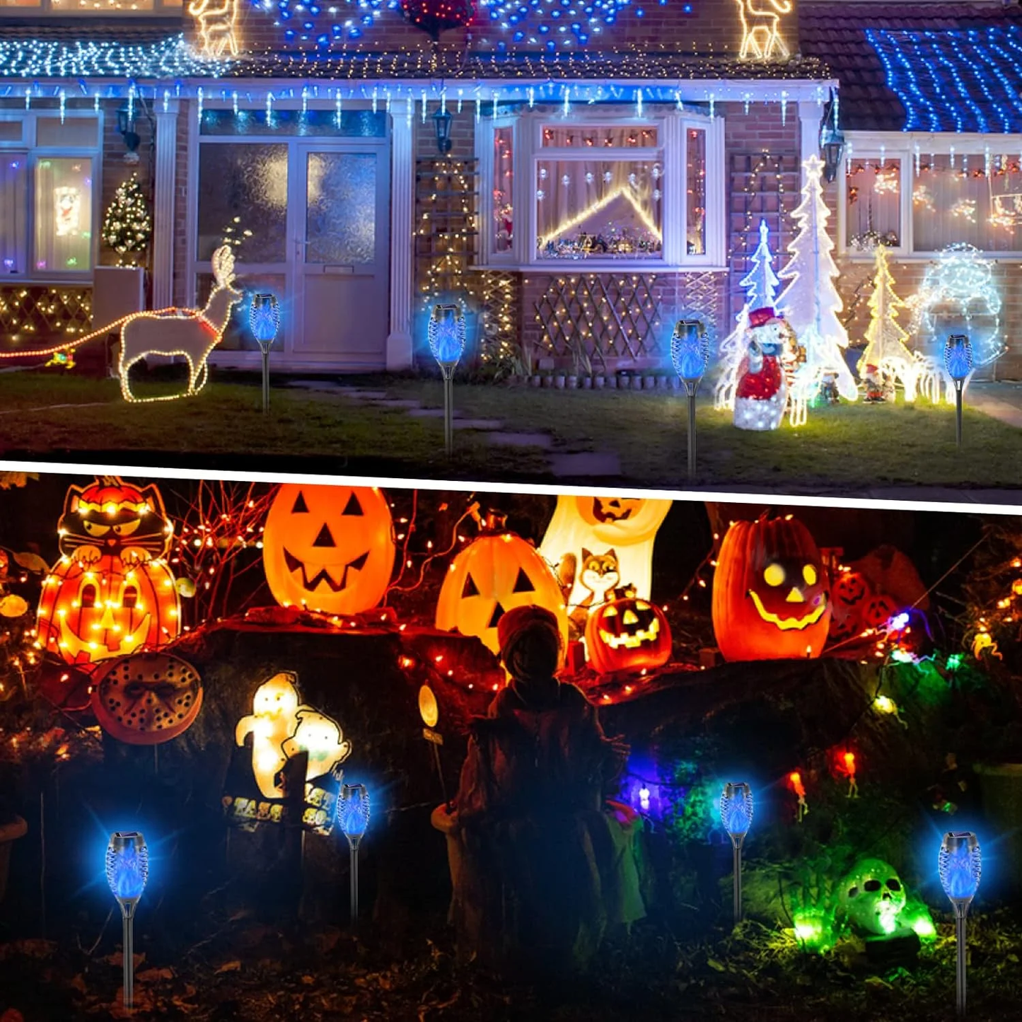 BAOKALER Flickering Flame Solar Lights Outdoor, 4 Pack Solar Garden Stake Lights Outside, LED Landscape & Walkway Blue Lights Waterproof for Outdoor Decor Yard Patio Pathway Holiday