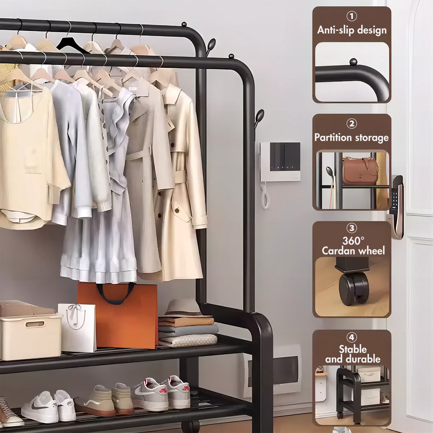 Clothes Rack With Wheels, Portable Clothing Rack With Shelves & Hooks, Heavy Duty Garment Racks for Hanging Clothes, Multi-Functional Closet Rack for Bedroom, Black