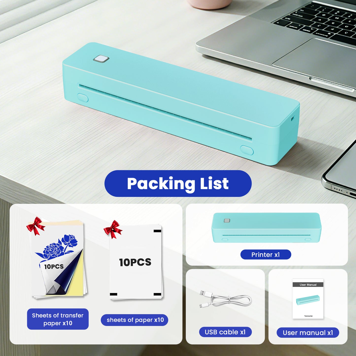 Portable Thermal Printer, Inkless Wireless Travel Printer for Android & iOS, Compatible with US Letter, A4, A5, B5 Thermal Paper