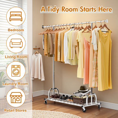 Baokaler 500 lbs Clothing Rack Heavy Duty Hanging Rack with Shelves Collapsible Clothes Racks on Wheels Rolling Garment Rack for Hanging Clothes Portable Adjustable, Chrome Finish